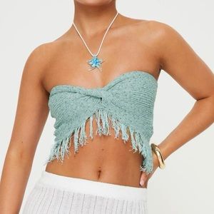 Blue knit fringe tube top